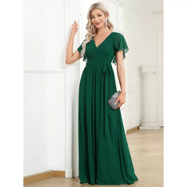 EverPretty Womens Bridesmaid Dress VNeck Ruffle Sleeves Ruched Bust Floor Length Chiffon Formal Dresses 0164ADark Green