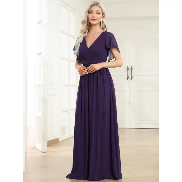 EverPretty Womens Bridesmaid Dress VNeck Ruffle Sleeves Ruched Bust Floor Length Chiffon Formal Dresses 0164ADark Purple