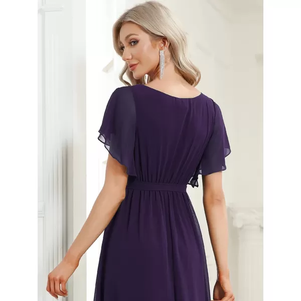 EverPretty Womens Bridesmaid Dress VNeck Ruffle Sleeves Ruched Bust Floor Length Chiffon Formal Dresses 0164ADark Purple