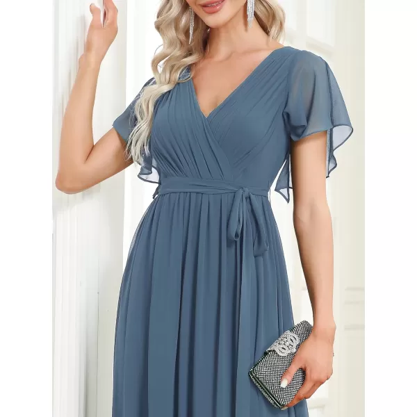 EverPretty Womens Bridesmaid Dress VNeck Ruffle Sleeves Ruched Bust Floor Length Chiffon Formal Dresses 0164ADusty Navy