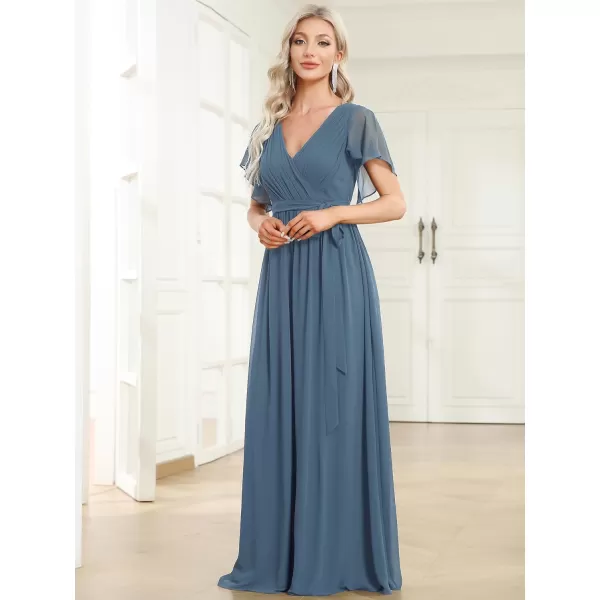 EverPretty Womens Bridesmaid Dress VNeck Ruffle Sleeves Ruched Bust Floor Length Chiffon Formal Dresses 0164ADusty Navy