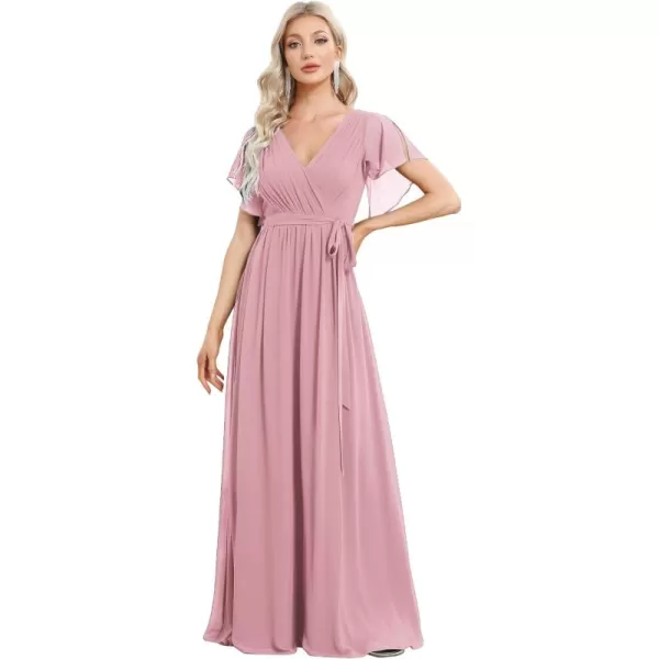 EverPretty Womens Bridesmaid Dress VNeck Ruffle Sleeves Ruched Bust Floor Length Chiffon Formal Dresses 0164ADusty Rose