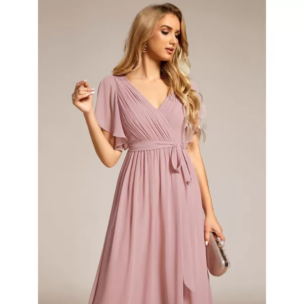 EverPretty Womens Bridesmaid Dress VNeck Ruffle Sleeves Ruched Bust Floor Length Chiffon Formal Dresses 0164ADusty Rose