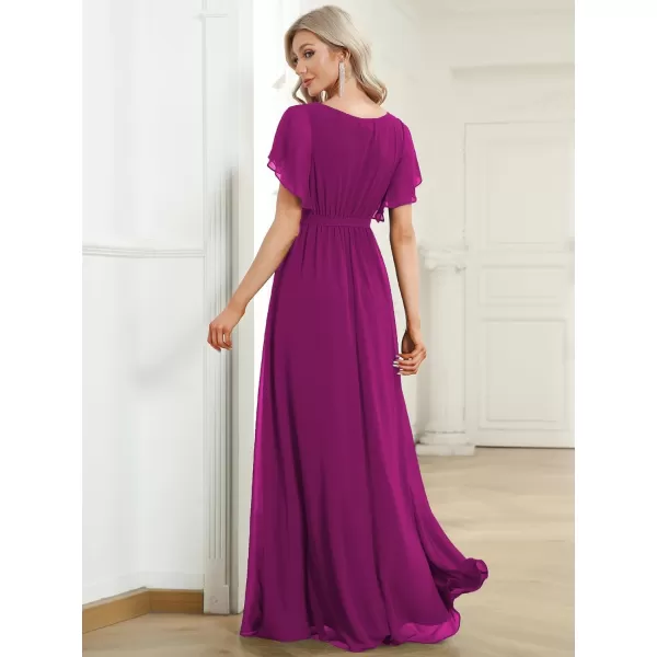 EverPretty Womens Bridesmaid Dress VNeck Ruffle Sleeves Ruched Bust Floor Length Chiffon Formal Dresses 0164AFuchsia