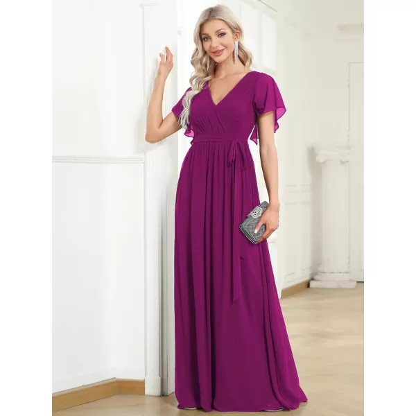 EverPretty Womens Bridesmaid Dress VNeck Ruffle Sleeves Ruched Bust Floor Length Chiffon Formal Dresses 0164AFuchsia