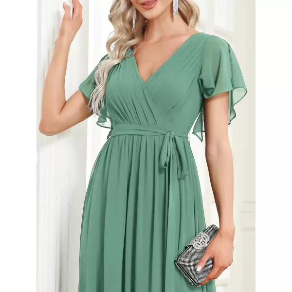 EverPretty Womens Bridesmaid Dress VNeck Ruffle Sleeves Ruched Bust Floor Length Chiffon Formal Dresses 0164AGreen Blue