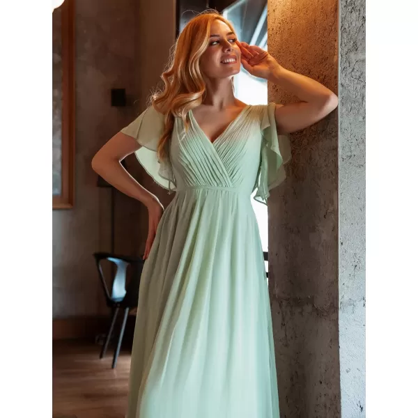 EverPretty Womens Bridesmaid Dress VNeck Ruffle Sleeves Ruched Bust Floor Length Chiffon Formal Dresses 0164AMint Green