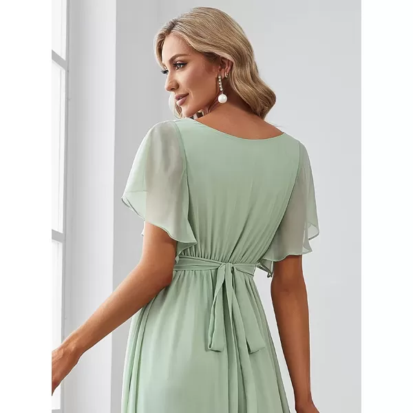 EverPretty Womens Bridesmaid Dress VNeck Ruffle Sleeves Ruched Bust Floor Length Chiffon Formal Dresses 0164AMint Green