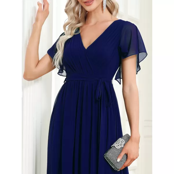 EverPretty Womens Bridesmaid Dress VNeck Ruffle Sleeves Ruched Bust Floor Length Chiffon Formal Dresses 0164ARoyal Blue