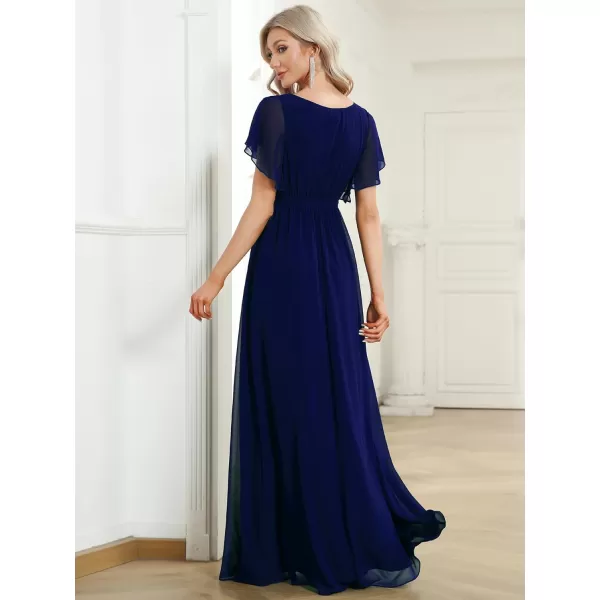 EverPretty Womens Bridesmaid Dress VNeck Ruffle Sleeves Ruched Bust Floor Length Chiffon Formal Dresses 0164ARoyal Blue