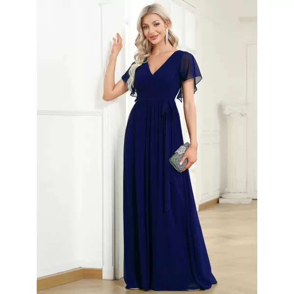 EverPretty Womens Bridesmaid Dress VNeck Ruffle Sleeves Ruched Bust Floor Length Chiffon Formal Dresses 0164ARoyal Blue