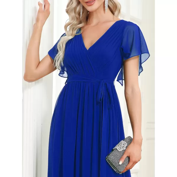 EverPretty Womens Bridesmaid Dress VNeck Ruffle Sleeves Ruched Bust Floor Length Chiffon Formal Dresses 0164ASapphire Blue