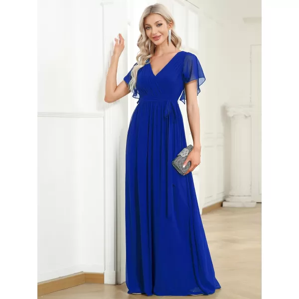 EverPretty Womens Bridesmaid Dress VNeck Ruffle Sleeves Ruched Bust Floor Length Chiffon Formal Dresses 0164ASapphire Blue