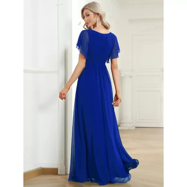 EverPretty Womens Bridesmaid Dress VNeck Ruffle Sleeves Ruched Bust Floor Length Chiffon Formal Dresses 0164ASapphire Blue