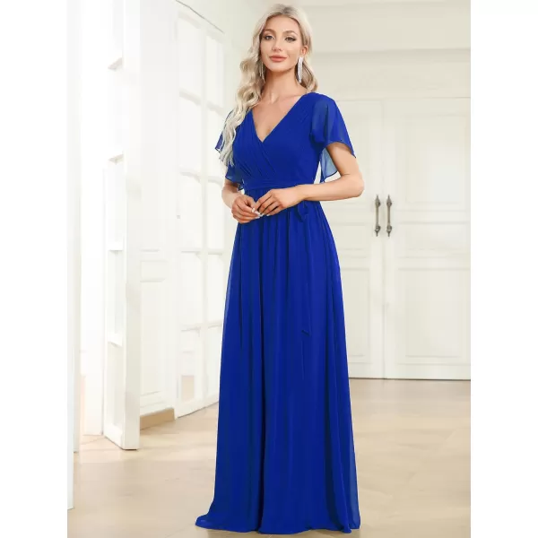 EverPretty Womens Bridesmaid Dress VNeck Ruffle Sleeves Ruched Bust Floor Length Chiffon Formal Dresses 0164ASapphire Blue