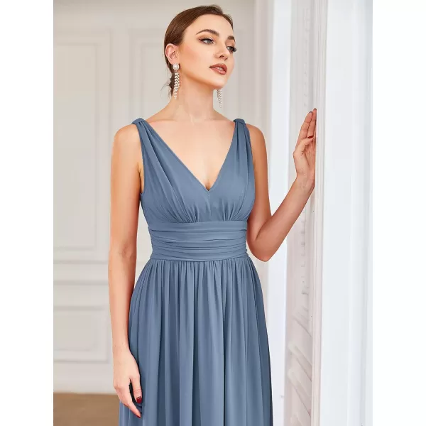 EverPretty Womens Bridesmaid Dress VNeck Sleeveless A Line Chiffon Floor Length Formal Dress 09016Dusty Navy