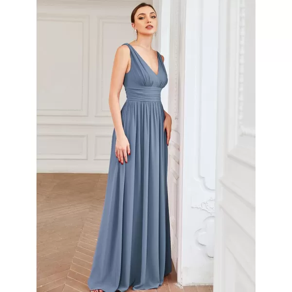 EverPretty Womens Bridesmaid Dress VNeck Sleeveless A Line Chiffon Floor Length Formal Dress 09016Dusty Navy