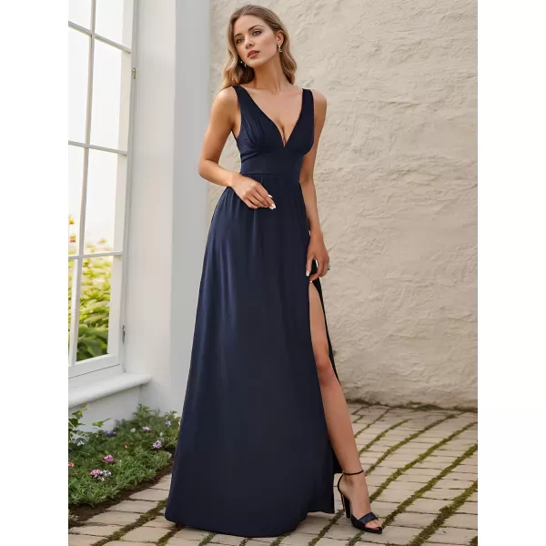 EverPretty Womens Bridesmaid Dresses Deep VNeck Sleeveless Side Slit Floor Length Wedding Guest Dress 0168BNavy Blue