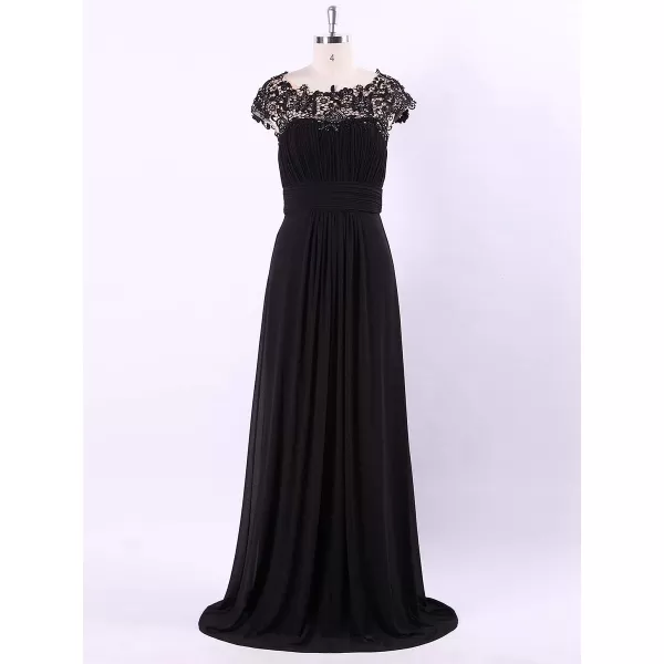 EverPretty Womens Cap Sleeve Ruched Lace Round Neck Chiffon Formal Evening Gowns 09993USBlack