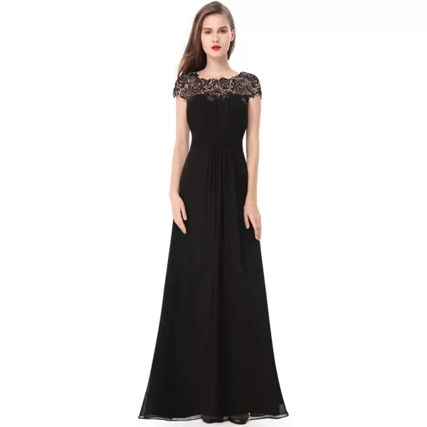 EverPretty Womens Cap Sleeve Ruched Lace Round Neck Chiffon Formal Evening Gowns 09993USBlack