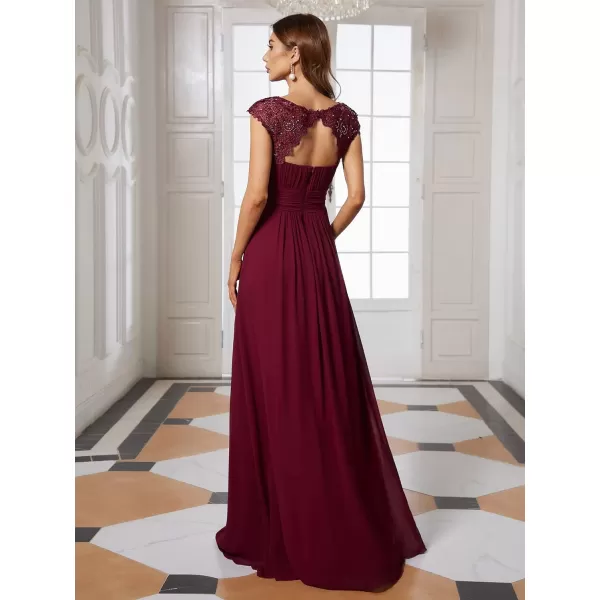 EverPretty Womens Cap Sleeve Ruched Lace Round Neck Chiffon Formal Evening Gowns 09993USBurgundyy