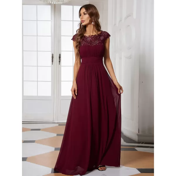 EverPretty Womens Cap Sleeve Ruched Lace Round Neck Chiffon Formal Evening Gowns 09993USBurgundyy