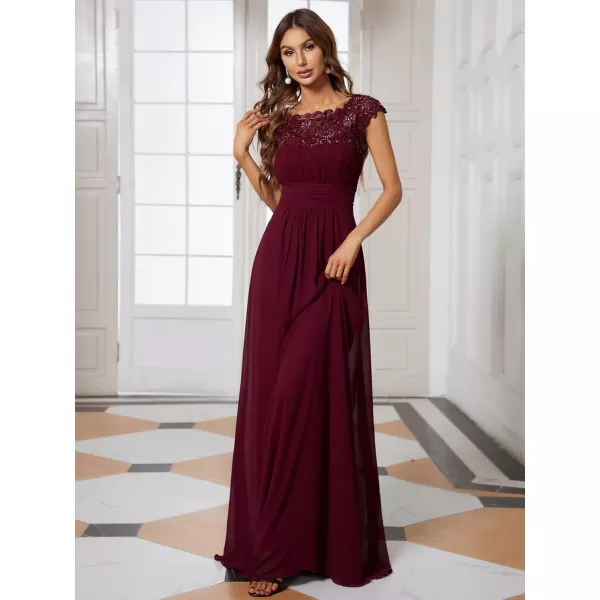 EverPretty Womens Cap Sleeve Ruched Lace Round Neck Chiffon Formal Evening Gowns 09993USBurgundyy