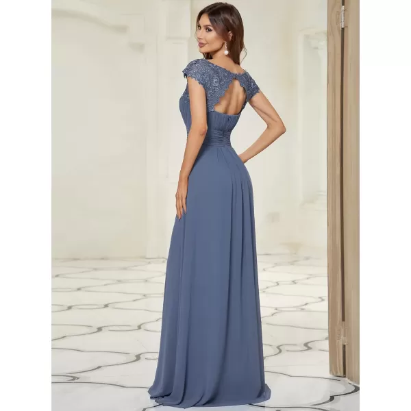 EverPretty Womens Cap Sleeve Ruched Lace Round Neck Chiffon Formal Evening Gowns 09993USDenim Blue