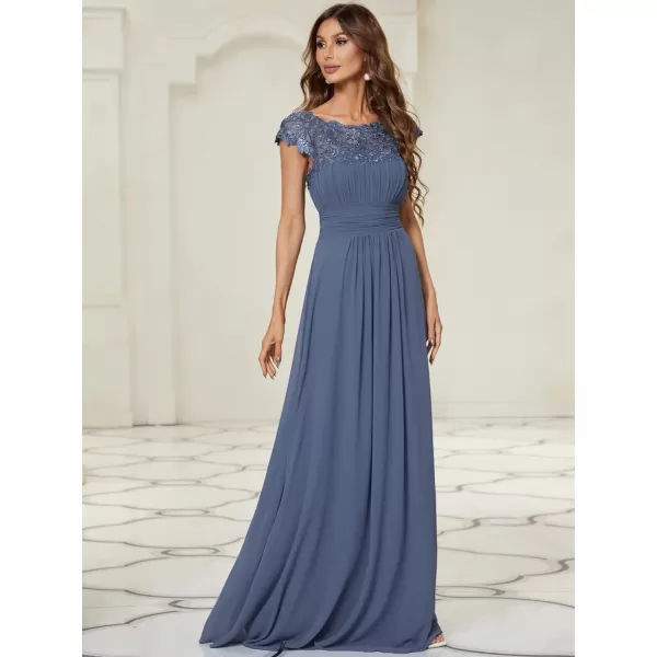 EverPretty Womens Cap Sleeve Ruched Lace Round Neck Chiffon Formal Evening Gowns 09993USDenim Blue