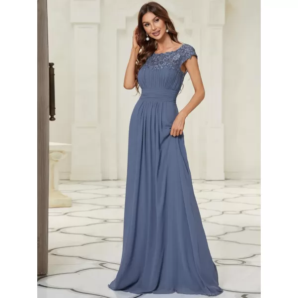 EverPretty Womens Cap Sleeve Ruched Lace Round Neck Chiffon Formal Evening Gowns 09993USDenim Blue