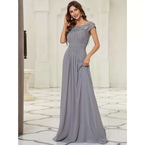 EverPretty Womens Cap Sleeve Ruched Lace Round Neck Chiffon Formal Evening Gowns 09993USGrey