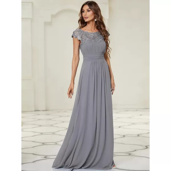 EverPretty Womens Cap Sleeve Ruched Lace Round Neck Chiffon Formal Evening Gowns 09993USGrey