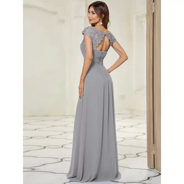 EverPretty Womens Cap Sleeve Ruched Lace Round Neck Chiffon Formal Evening Gowns 09993USGrey