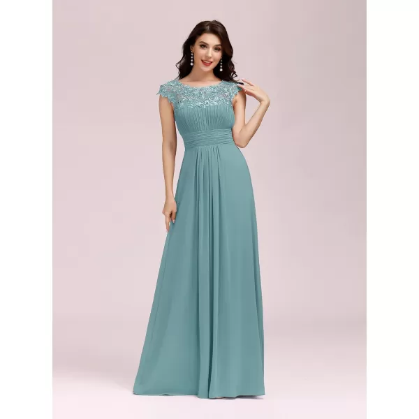 EverPretty Womens Cap Sleeve Ruched Lace Round Neck Chiffon Formal Evening Gowns 09993USHaze Blue