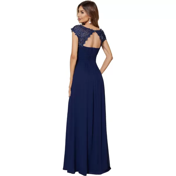 EverPretty Womens Cap Sleeve Ruched Lace Round Neck Chiffon Formal Evening Gowns 09993USNavy Blue