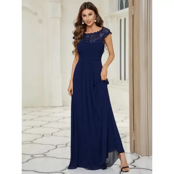 EverPretty Womens Cap Sleeve Ruched Lace Round Neck Chiffon Formal Evening Gowns 09993USNavy Blue