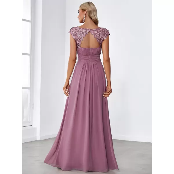 EverPretty Womens Cap Sleeve Ruched Lace Round Neck Chiffon Formal Evening Gowns 09993USOrchid