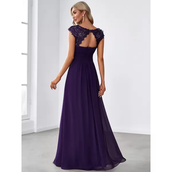 EverPretty Womens Cap Sleeve Ruched Lace Round Neck Chiffon Formal Evening Gowns 09993USPurple