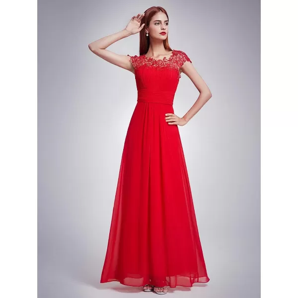 EverPretty Womens Cap Sleeve Ruched Lace Round Neck Chiffon Formal Evening Gowns 09993USRed