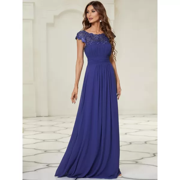 EverPretty Womens Cap Sleeve Ruched Lace Round Neck Chiffon Formal Evening Gowns 09993USSapphire Blue