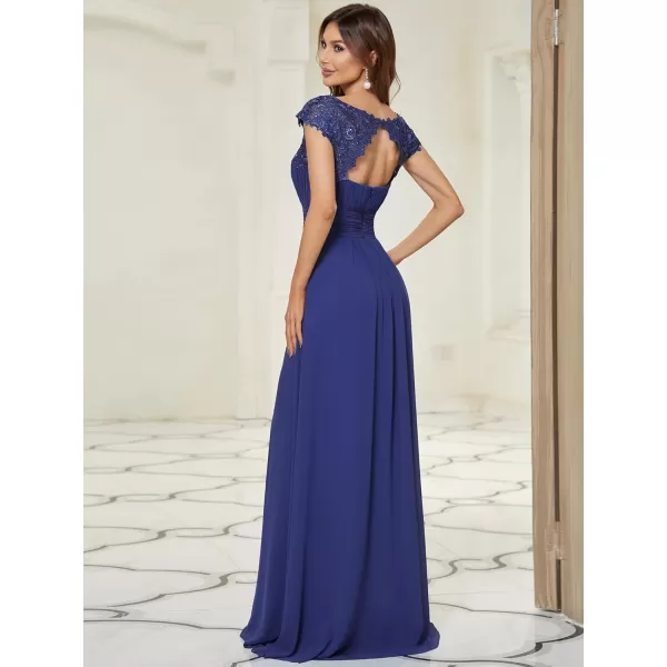 EverPretty Womens Cap Sleeve Ruched Lace Round Neck Chiffon Formal Evening Gowns 09993USSapphire Blue