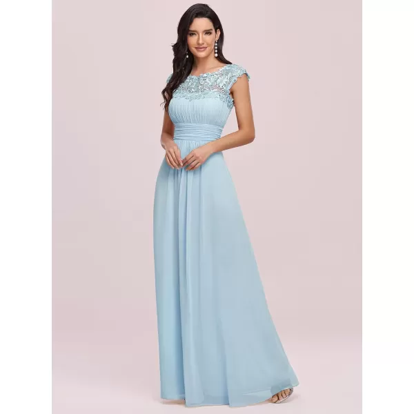 EverPretty Womens Cap Sleeve Ruched Lace Round Neck Chiffon Formal Evening Gowns 09993USSky Blue