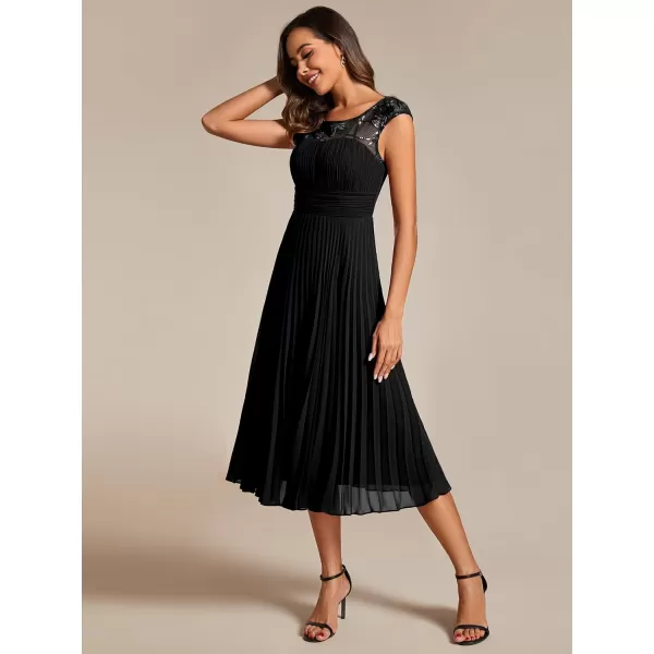 EverPretty Womens Cap Sleeves A Line Crew Neck Embroidery Chiffon Pleated Wedding Guest Dresses 02095Black