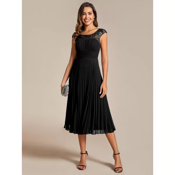 EverPretty Womens Cap Sleeves A Line Crew Neck Embroidery Chiffon Pleated Wedding Guest Dresses 02095Black