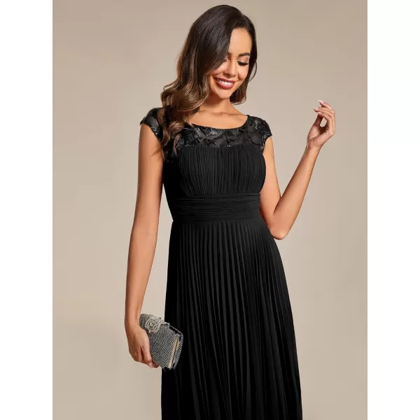 EverPretty Womens Cap Sleeves A Line Crew Neck Embroidery Chiffon Pleated Wedding Guest Dresses 02095Black