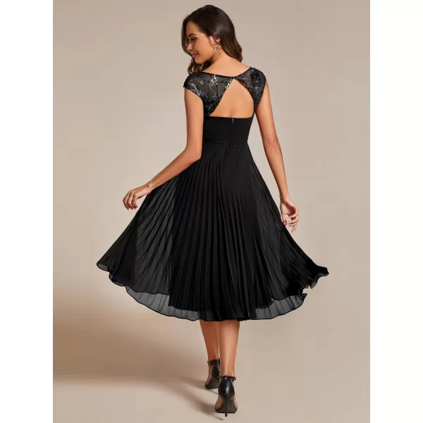 EverPretty Womens Cap Sleeves A Line Crew Neck Embroidery Chiffon Pleated Wedding Guest Dresses 02095Black