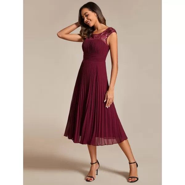 EverPretty Womens Cap Sleeves A Line Crew Neck Embroidery Chiffon Pleated Wedding Guest Dresses 02095Burgundy