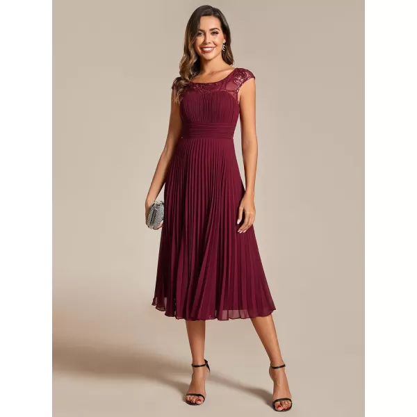 EverPretty Womens Cap Sleeves A Line Crew Neck Embroidery Chiffon Pleated Wedding Guest Dresses 02095Burgundy