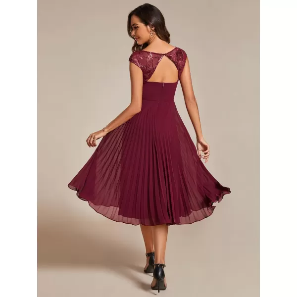 EverPretty Womens Cap Sleeves A Line Crew Neck Embroidery Chiffon Pleated Wedding Guest Dresses 02095Burgundy