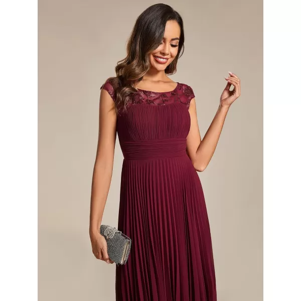 EverPretty Womens Cap Sleeves A Line Crew Neck Embroidery Chiffon Pleated Wedding Guest Dresses 02095Burgundy